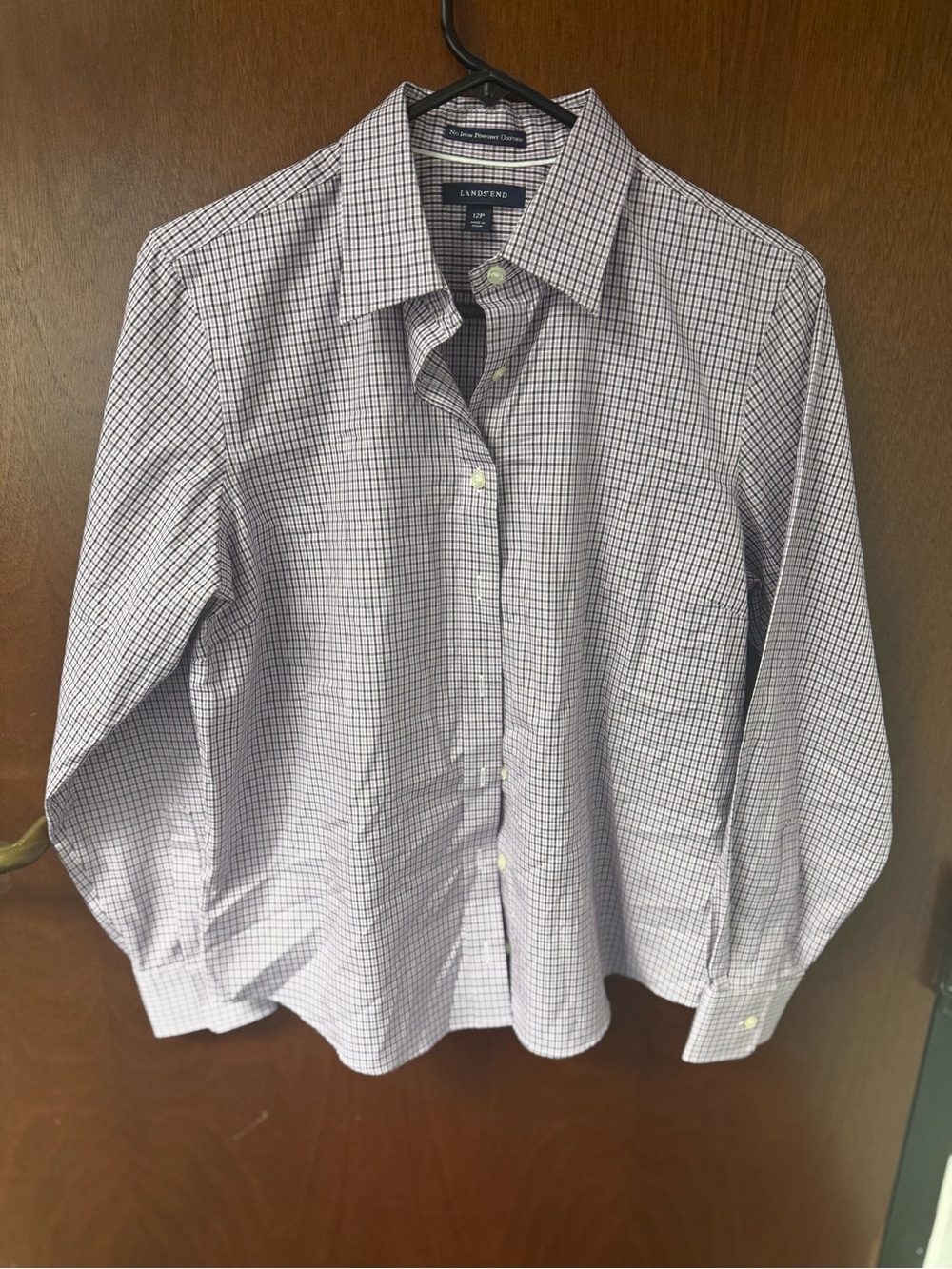 Lands' End Women’s Lavender and White Micro-Check Dress Shirt